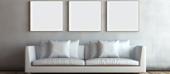 Canvas Print - Couch upholstery in focus with three empty frames hanging on the wall in the background, waiting to be filled