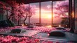 Drift away on a sea of cherry blossoms as the sun sets over a charming Japanese room, rendered in delightful anime cartoonish artstyle