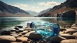 a magnificent image of a big water bottle lying contentedly on rocks in the middle of a tranquil body of water.