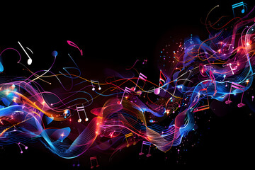 Wall Mural - abstract background in the form of a musical wave, a multi-colored musical wave with notes on a black background