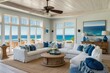 Bright and airy coastal living room interior with ocean views