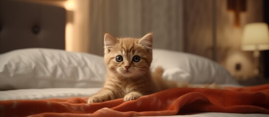 Wall Mural - A tiny kitten is perched on top of a soft mattress, accompanied by a cozy blanket