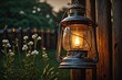 a lantern hanging from a wooden pole with a light on with background vintage colors defocused Blur
