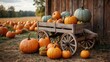 Pumpkins on a vintage cart in a field