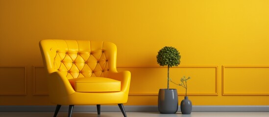 Wall Mural - Yellow chair and leafy potted plant adorn a cozy room, creating a warm and inviting atmosphere