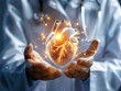 Medical doctor holding glowing virtual human heart in hands in cardiovascular system protection and health care 