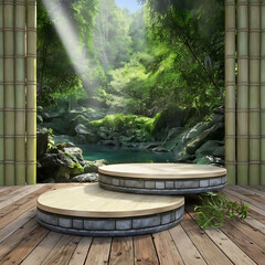 Wall Mural - Zen garden themed 3d Empty podiums. empty studio room background. 3d stage for product display. an abstract platform for product presentation. podium for advertisement. tech products mockup.