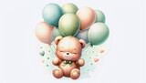 A plush teddy bear with pastel balloons surrounded by tiny hearts.