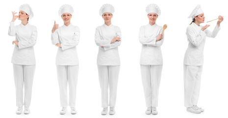 Canvas Print - Chef in uniform on white background, set with photos