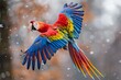 A colorful parrot is flying through the air with its wings spread wide