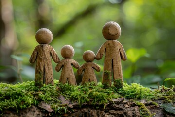 A family of four is made out of wood and is sitting on a mossy log