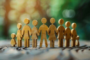 A group of wooden people are standing in a circle