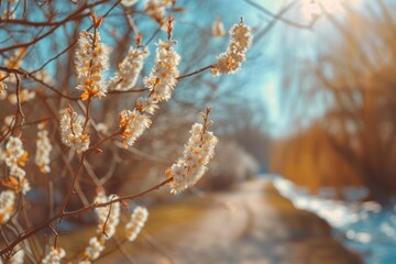 Wall Mural - A tree with white flowers is in the foreground