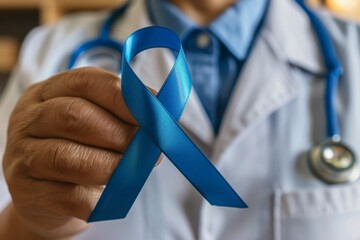 Wall Mural - A doctor holding a blue ribbon in his hand