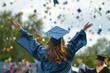 A woman in a graduation gown is throwing her cap in the air