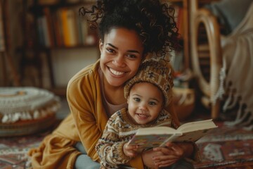 Canvas Print - A woman and a child are sitting on the floor, with the woman holding a book