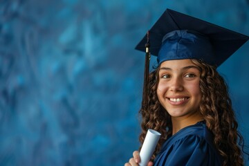 Wall Mural - A young woman wearing a blue graduation cap and gown holding a diploma