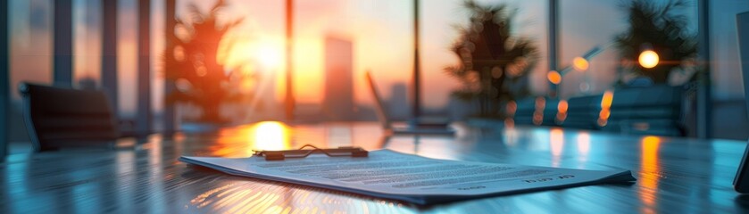 Softly lit, detailed view of a legal document outlining global regulations, with a contemporary glass office backdrop