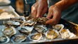 A close-up view capturing the hands of a person shucking fresh oysters at a vibrant seafood market stall. 
