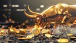 Bitcoin BTC with golden bull and coins scattered on the ground. Bullish divergence signal of crypto currency market, 100000 US Dollar target, 100k Goal