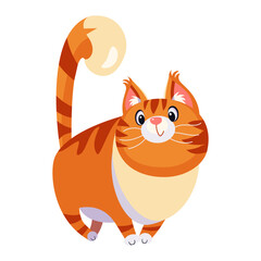 Wall Mural - Cute big tabby ginger Cat stands with his tail proudly raised, cartoon flat design illustration