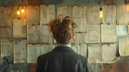 Poster - Business strategy: Animated man with notes, graphs, brainstorming.