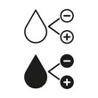 Humidity level adjustment icons. Water drop with plus and minus signs. Humidifier control symbols. Vector illustration. EPS 10.
