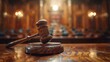 A judge's hammer poised for judgment on an ancient oak table, a blurred courtroom in the backdrop