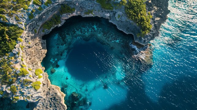 Dean's Blue Hole on Long Island, Bahamas, is revealed in an aerial top-down view