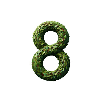 3d green leaf letter of number 8 with clipping path transparent background, eight art font
