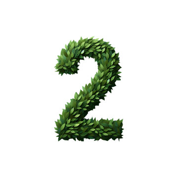 3d green leaf letter of number 2 with clipping path transparent background, two art font