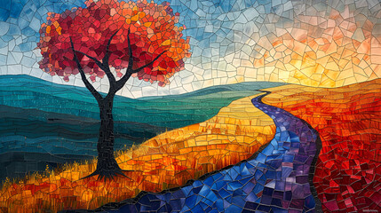 Wall Mural - Mountain path in stain glass style  - landscape art 