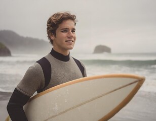 Close-up of young surfer standing at the beach with his surfboard and wearing black surfing suit. Sport and water sport concept.