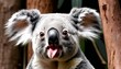 a koala with its tongue poking out in concentratio upscaled 4