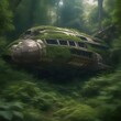 An abandoned spaceship slowly being reclaimed by nature, surrounded by dense foliage1