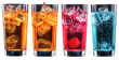 Collection of front view colorful Soda PNG juice glasses drinks isolated on a white and transparent background - mocktail or cocktail for refreshing fresh drinks menu Adverising concept