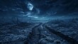 A barren moonlit field with a luminous path of destruction snaking its way towards the horizon.