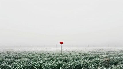 Wall Mural - Green Field with One Red Flower