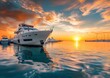 Luxury Yacht Anchored in Serene Harbor at Golden Sunset