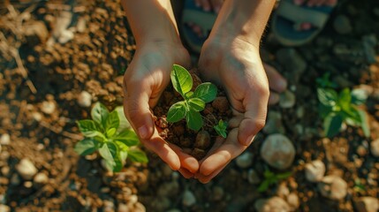 Ecology sapling tree growing up and planting on land. Hands kids Team work protecting and reduce global warming earth,