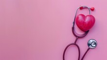 Heart Disease Awareness Concept. Flat Lay Top View Of Doctor's Stethoscope Hold Around A Red Wooden Heart On Pink Background.