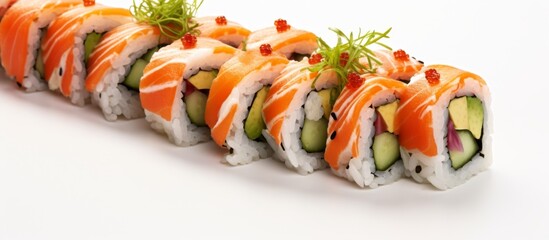 Canvas Print - Fresh sushi roll filled with delicious salmon and crisp cucumber slices, a popular Japanese delicacy