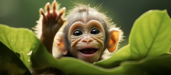 Sticker - A cheerful monkey with a wide grin on its face is sitting on a green leaf in a forest habitat