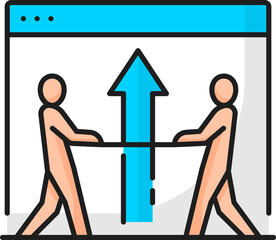 Aufkleber - Competitiveness. Sem. Search engine marketing isolated vector thin line icon with computer screen, arrow up and couple of stick men play tug of war. Business competition, rivalry or contest symbol
