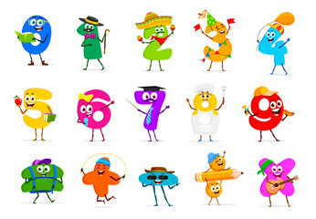 Poster - Cartoon funny math number characters. Cute digits and mathematics signs personages with happy faces and smiles. Color numbers, addition, subtraction and multiplication, equals and division symbols