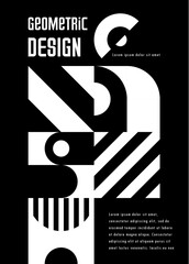 Aufkleber - Monochrome modern abstract geometric pattern banner with simple shapes. Vector background of black white circles, squares, lines and arches mosaic composition. Trendy graphic brochure template