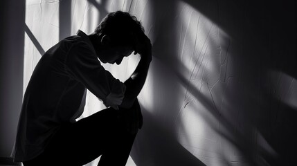 Depressed lonely man, silhouette of a miserable man sitting alone and depressed next to a rough concrete wall, suffer from drug or alcohol addition, concept of anxious, mental health, broke heart.