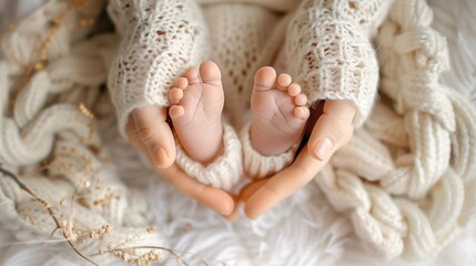 Mother hands holding new born baby feet form a heart shape, concept of happy family, new birth baby happiness, Mom and child.