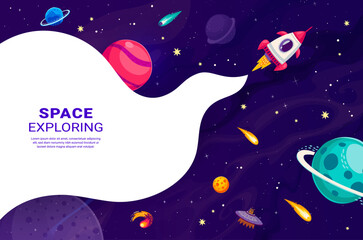 Poster - Cartoon space rocket in galaxy between stars and planets in starry sky, vector background. Space exploration banner with spaceship flying in galaxy space to planets, alien UFO and galactic asteroids
