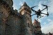 A drone hovers over a castle, mapping its layout for a renovation project, while guards below watch curiously.